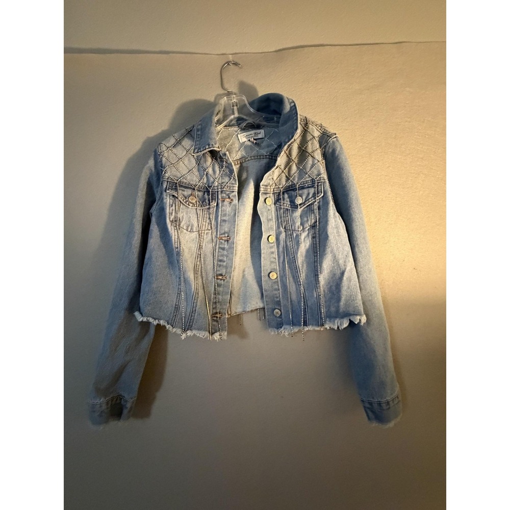 Denim Blvd Jacket Womens L Blue Denim Cropped Rhinestone Fringe Raw Hem Quilted